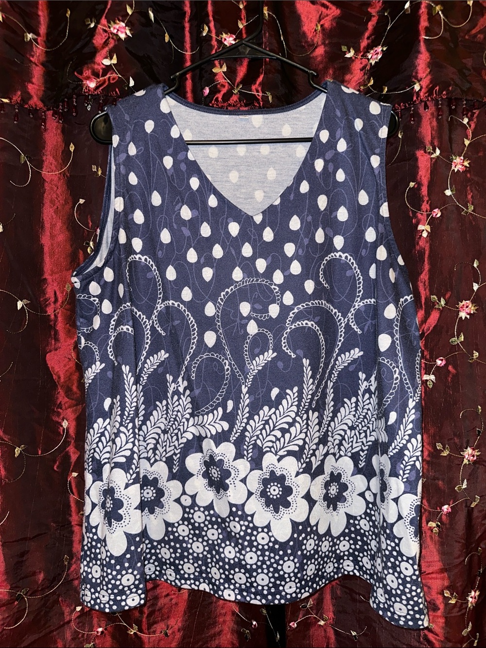 Sleeveless Navy Floral & Dot V‑Neck Women’s Top